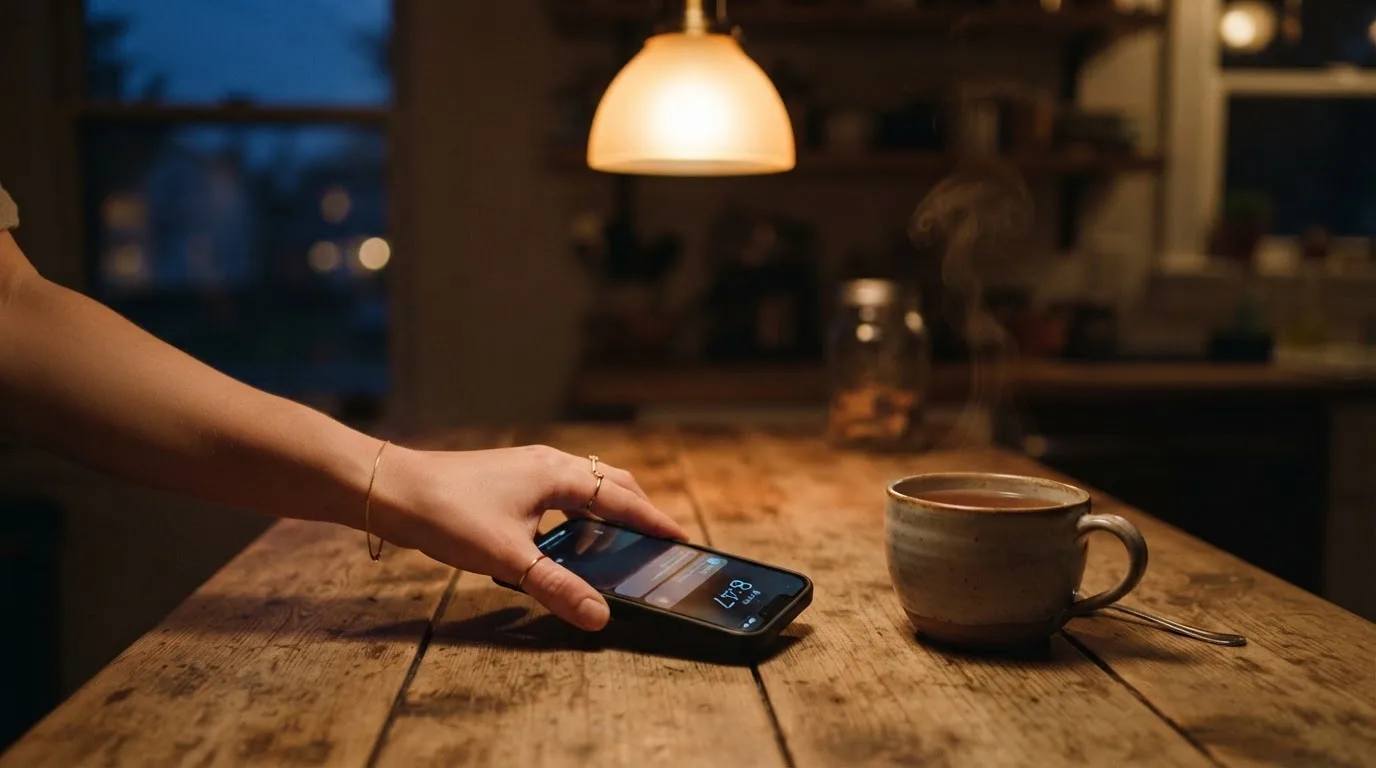 A hand setting a smartphone down beside a cup of tea on a kitchen table on a quiet evening