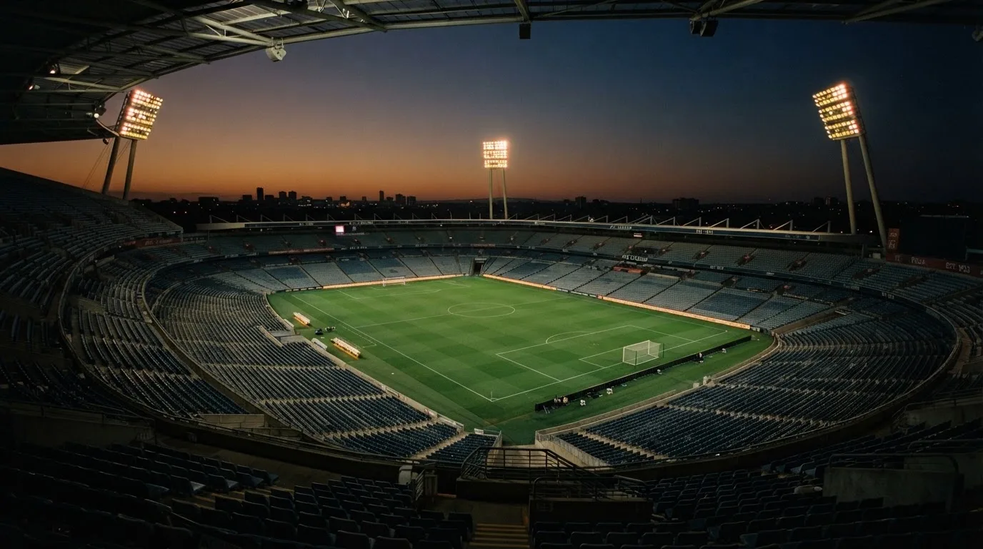An empty football stadium with floodlight masts at dusk