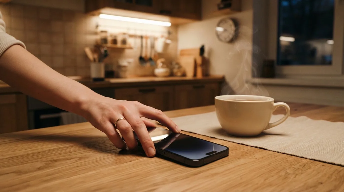 A hand setting a smartphone down beside a cup of tea on a kitchen table on a quiet evening