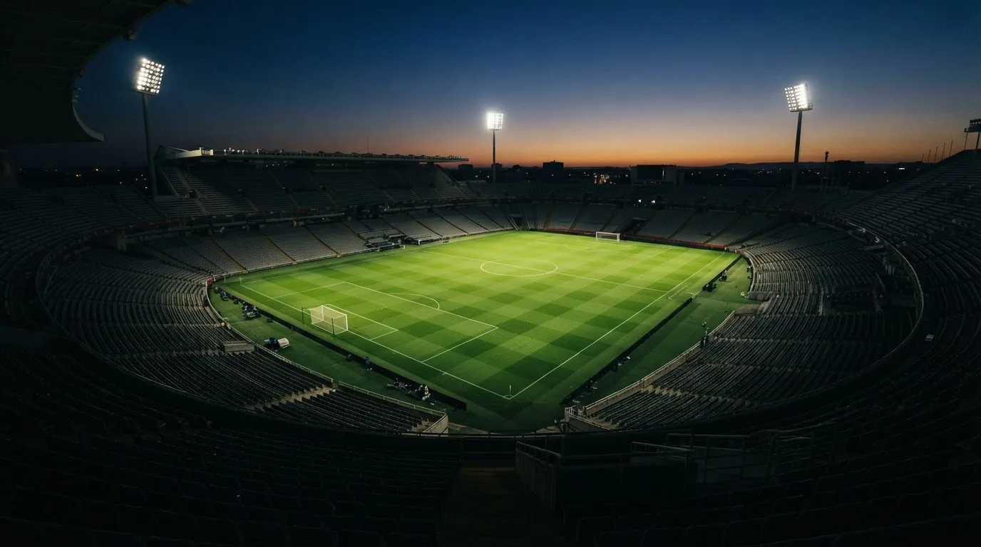 An empty football stadium with floodlight masts at dusk