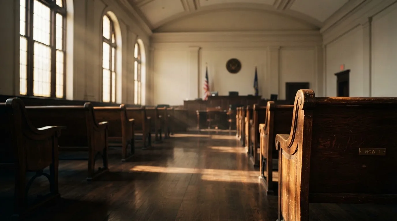 An empty courtroom with wooden benches in morning light