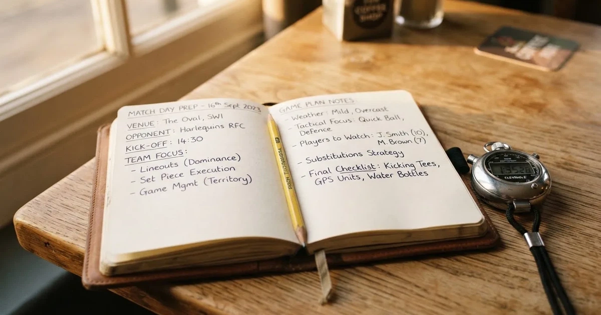An open notebook with a pencil and a stopwatch on a wooden table