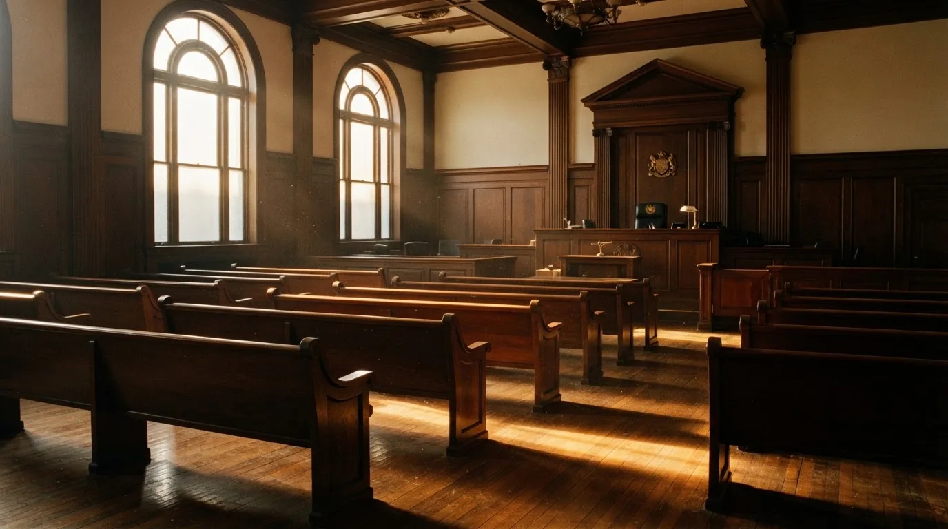 An empty courtroom with wooden benches in morning light