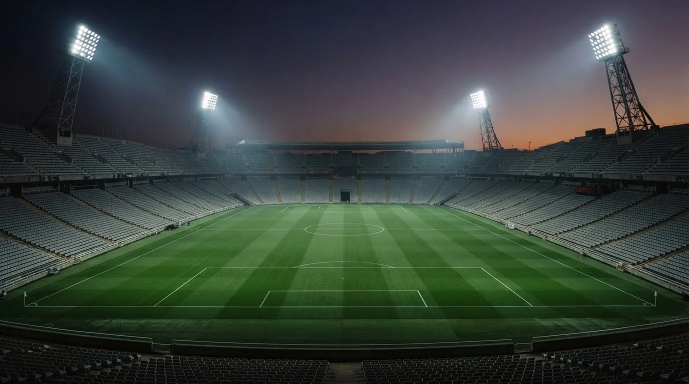 An empty football stadium with floodlight masts at dusk