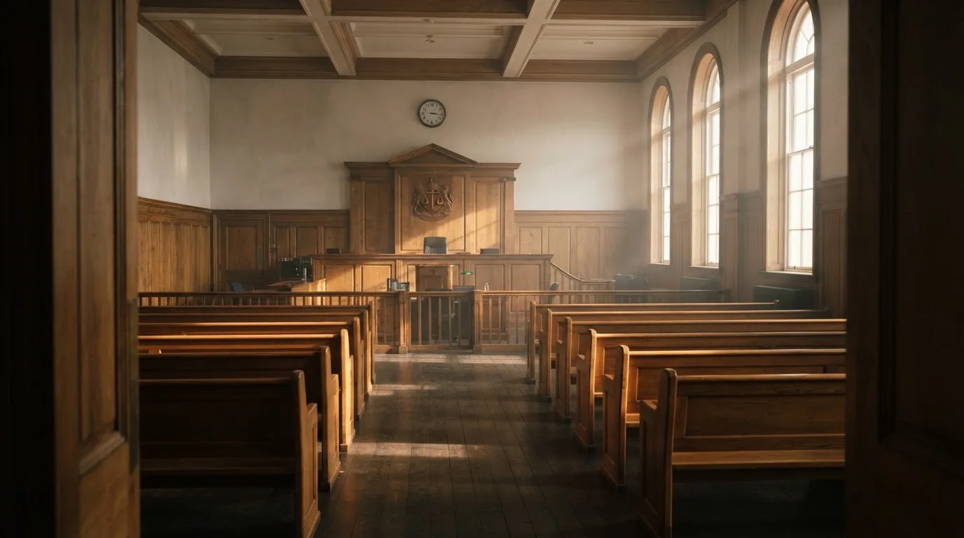 An empty courtroom with wooden benches in morning light