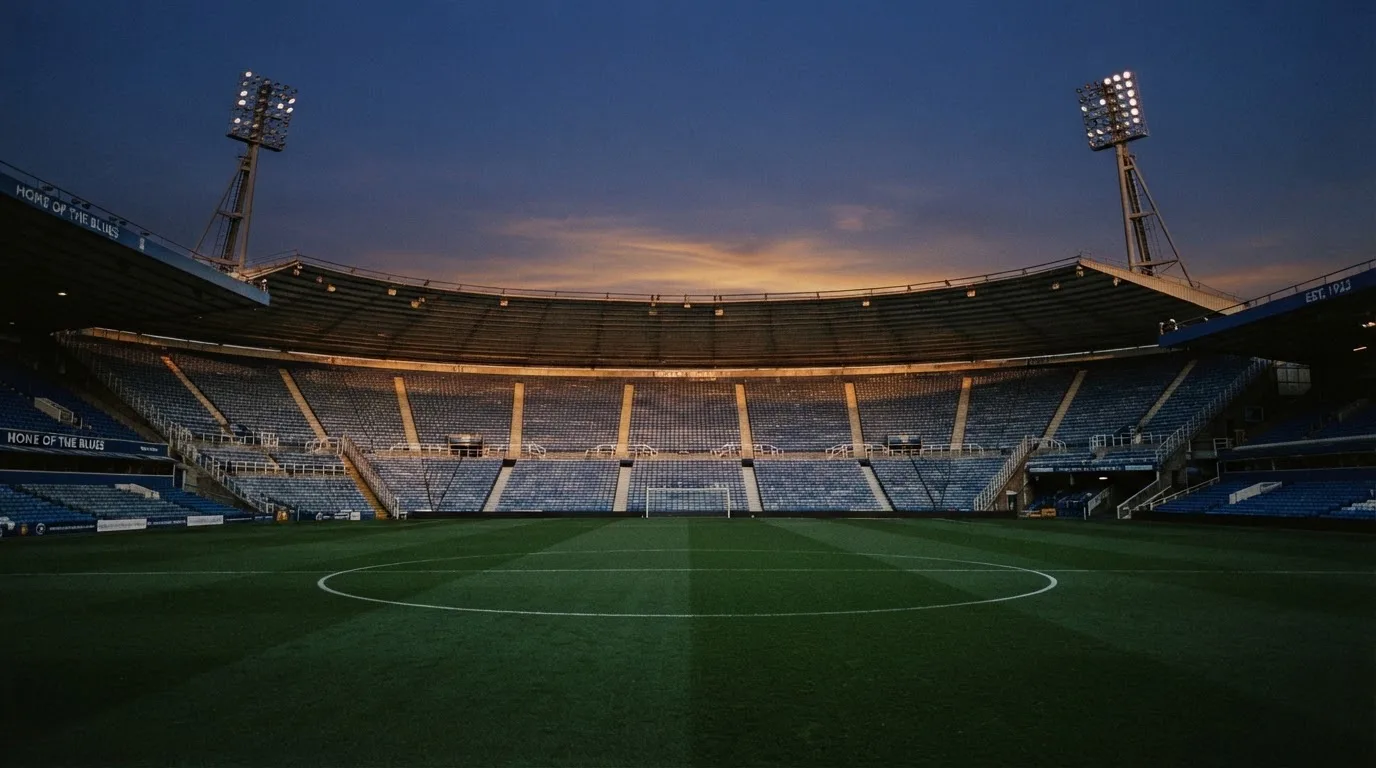 An empty football stadium with floodlight masts at dusk