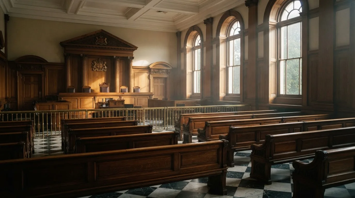 An empty courtroom with wooden benches in morning light