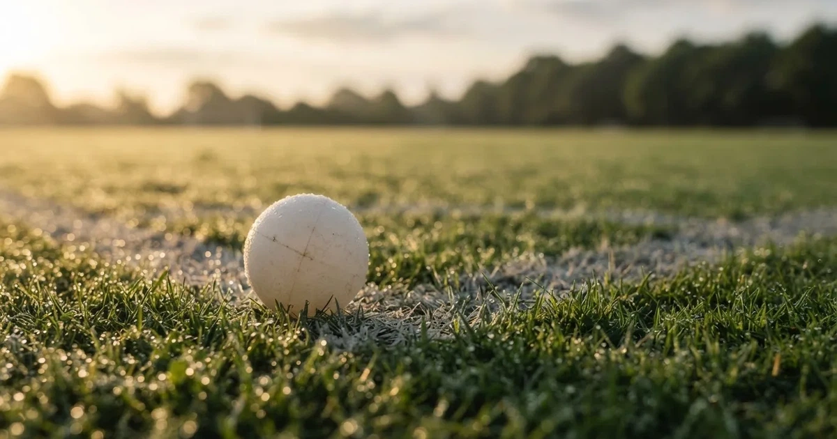 A ball on the centre spot of a grass pitch in morning light