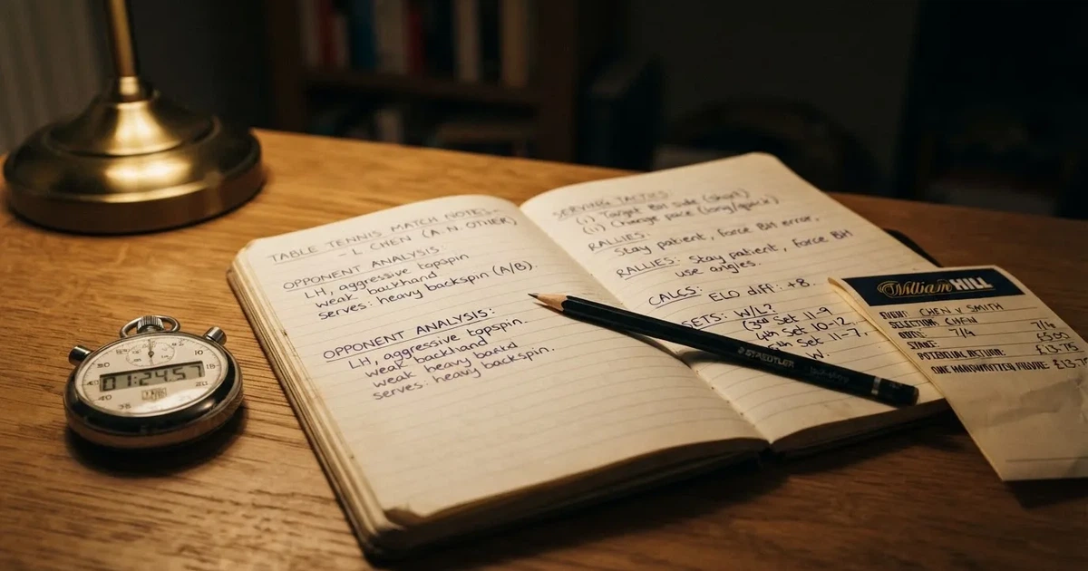 An open notebook with a pencil and a stopwatch on a wooden table