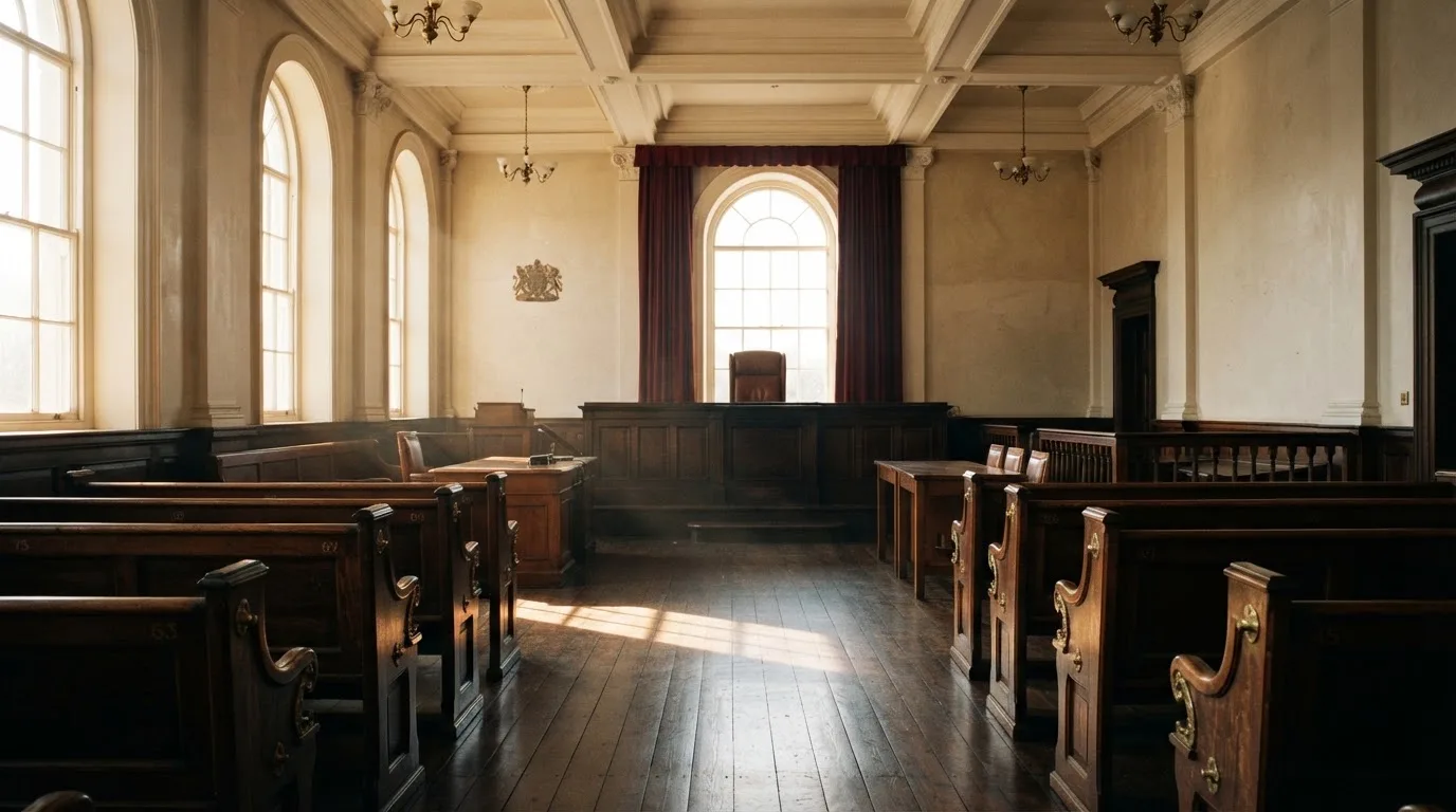 An empty courtroom with wooden benches in morning light