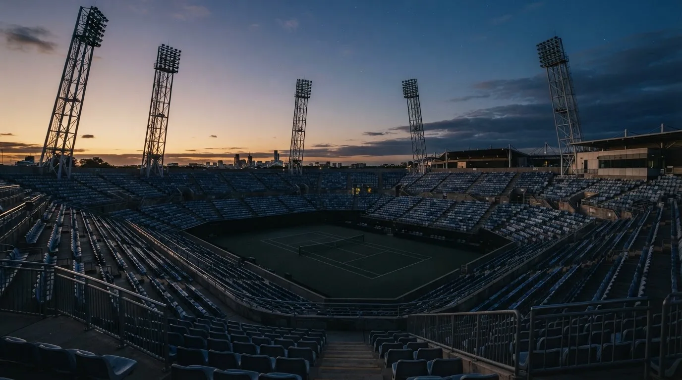 An empty football stadium with floodlight masts at dusk