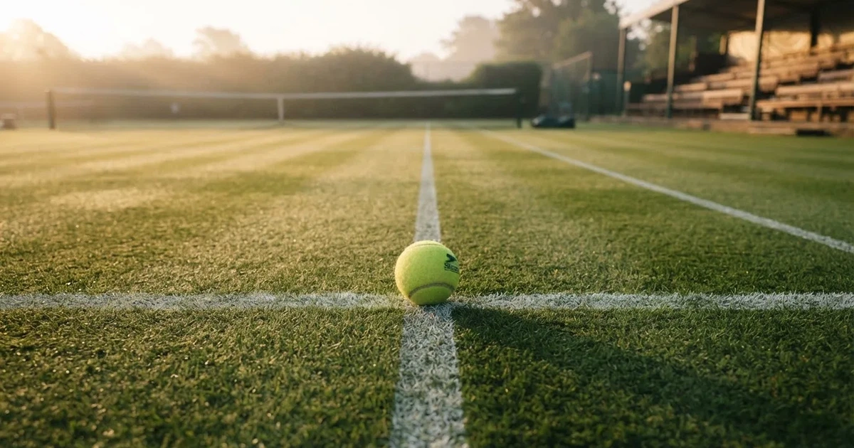 A ball on the centre spot of a grass pitch in morning light