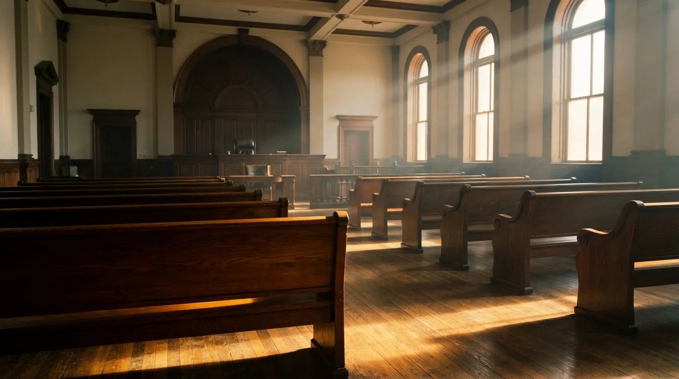 An empty courtroom with wooden benches in morning light