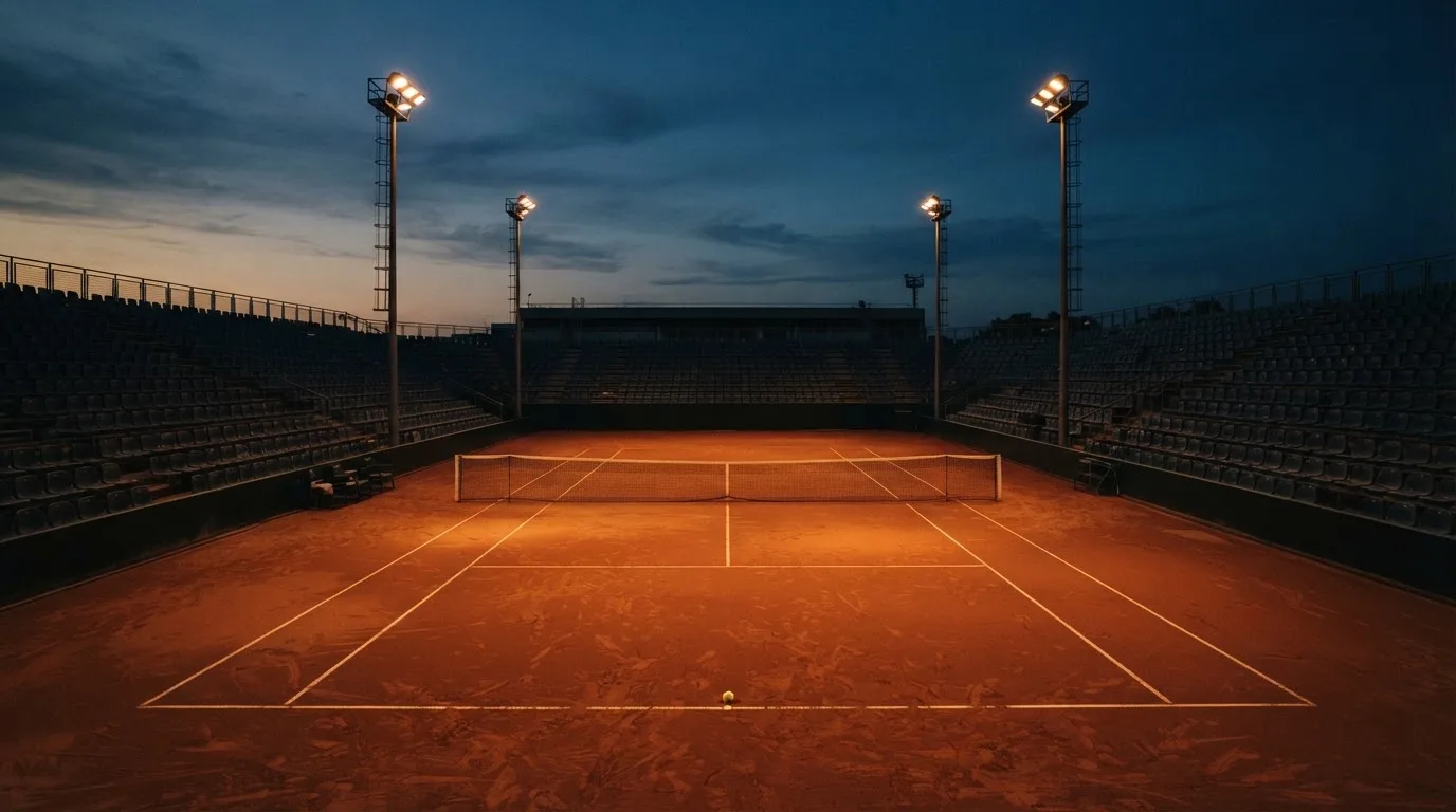 An empty football stadium with floodlight masts at dusk
