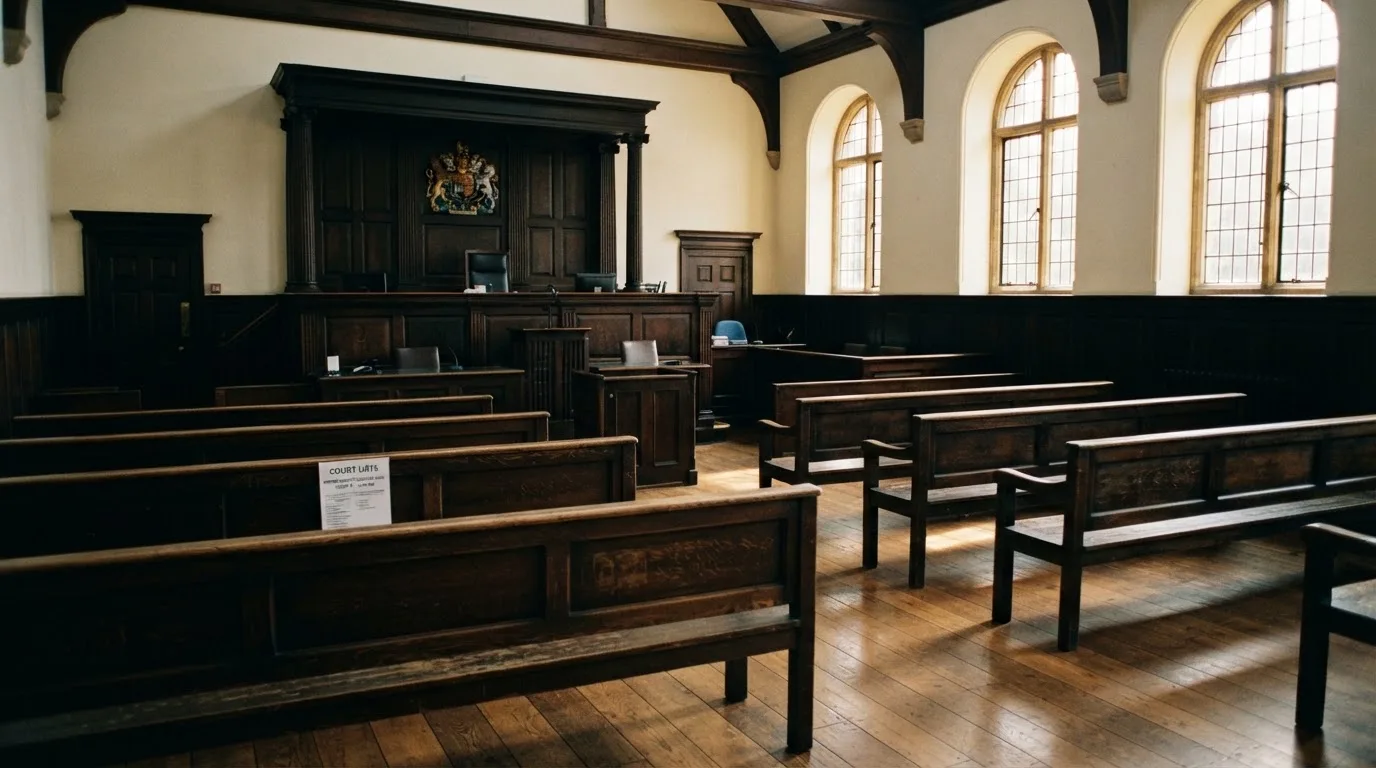 An empty courtroom with wooden benches in morning light