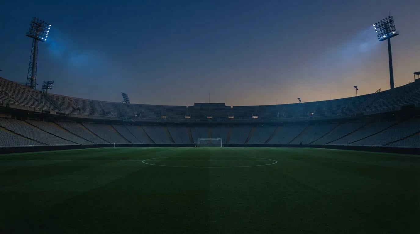 An empty football stadium with floodlight masts at dusk
