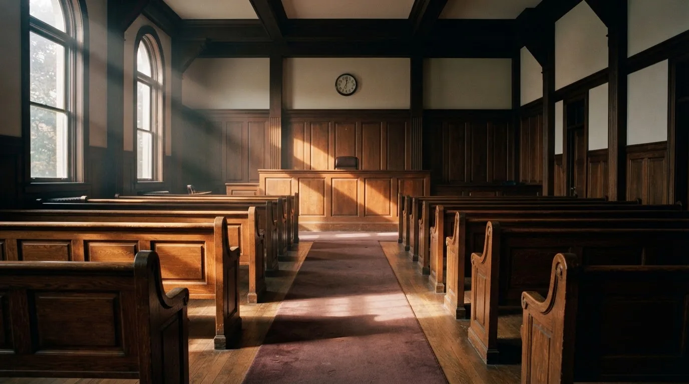 An empty courtroom with wooden benches in morning light