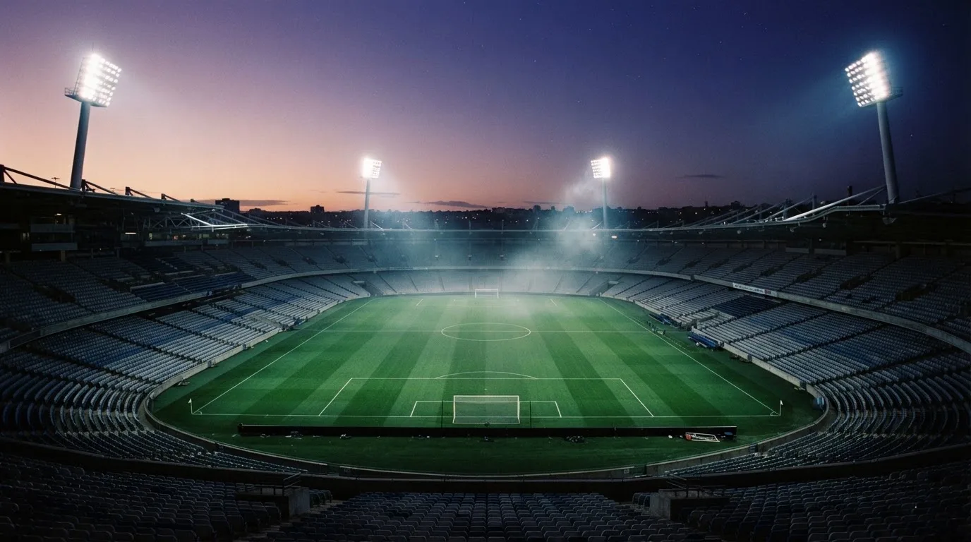 An empty football stadium with floodlight masts at dusk