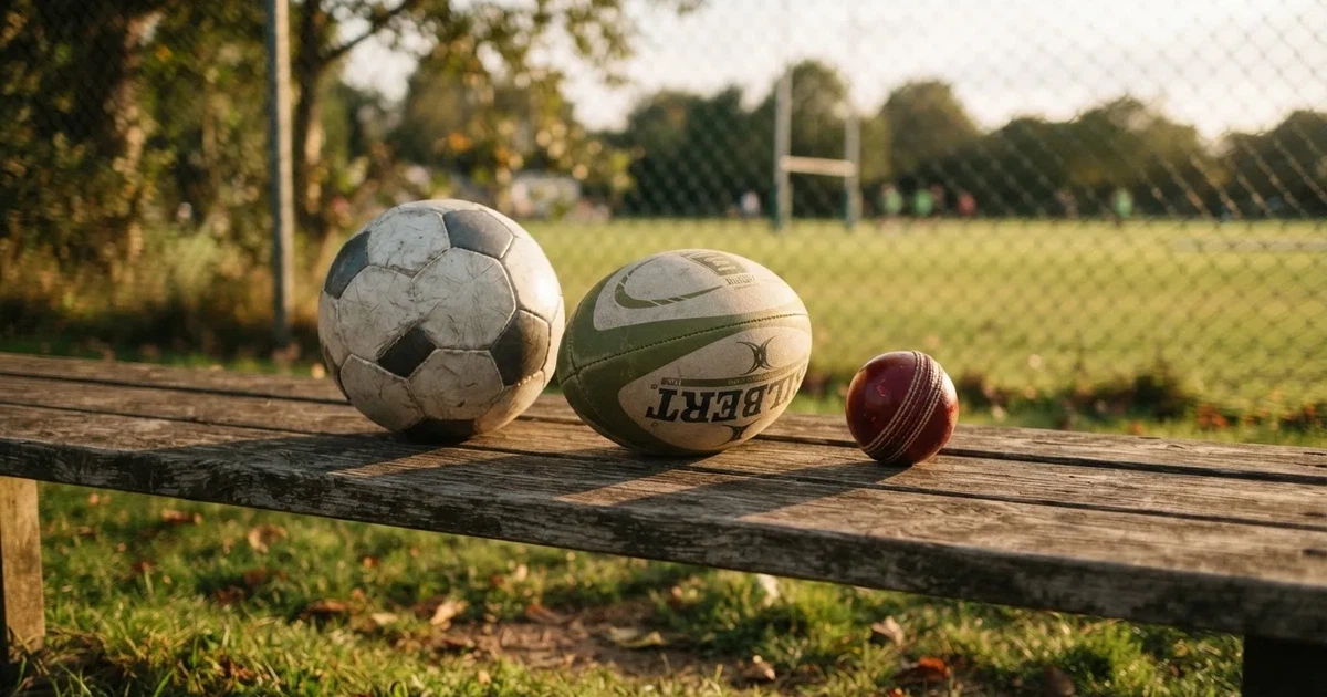 Three balls of different kinds side by side on a wooden bench