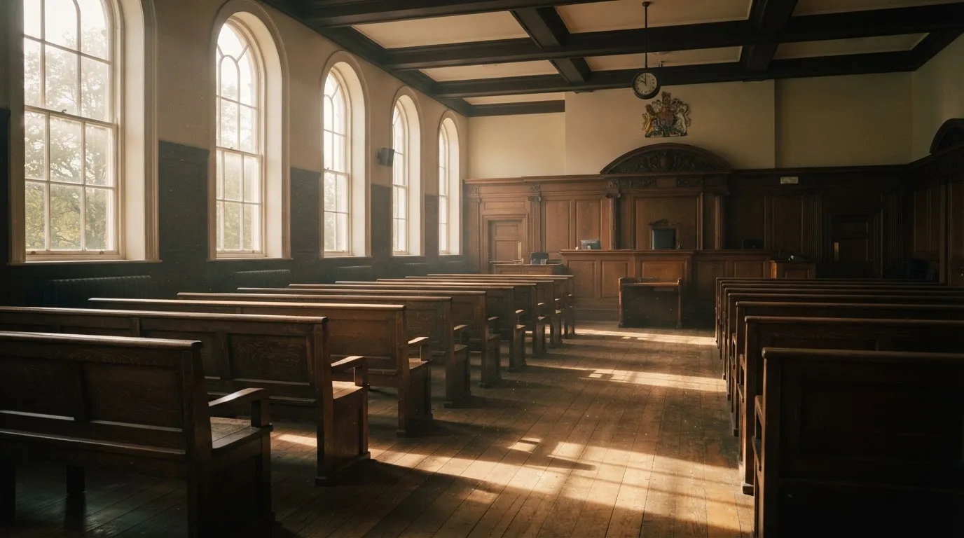 An empty courtroom with wooden benches in morning light