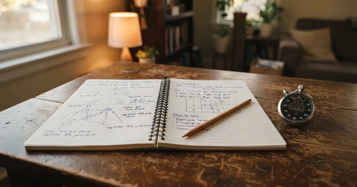 An open notebook with a pencil and a stopwatch on a wooden table