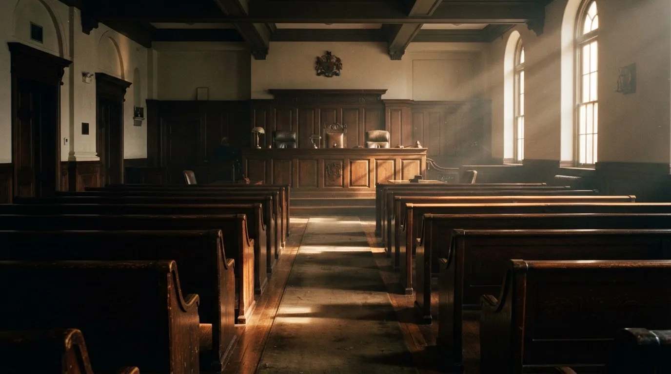 An empty courtroom with wooden benches in morning light