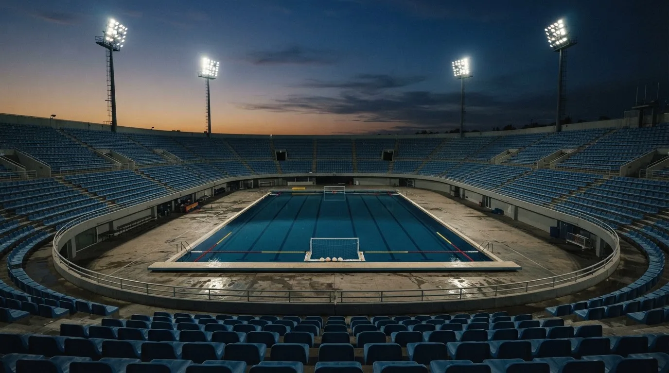 An empty football stadium with floodlight masts at dusk