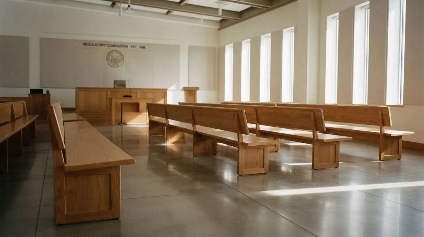 An empty courtroom with wooden benches in morning light