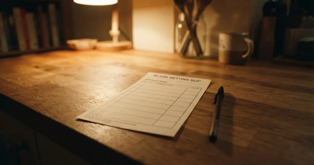 A blank paper betting slip beside a pen on a wooden counter
