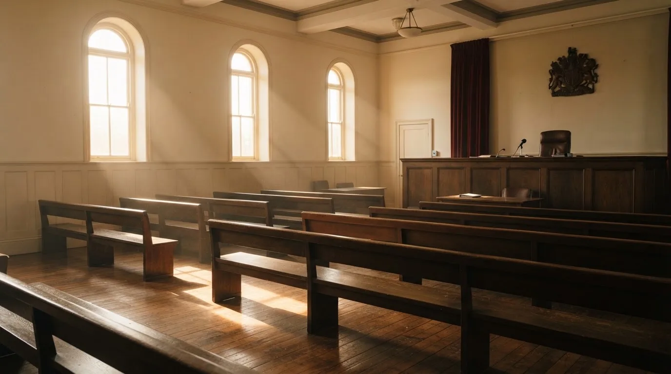 An empty courtroom with wooden benches in morning light