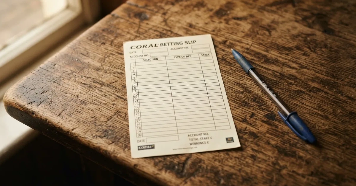 A blank paper betting slip beside a pen on a wooden counter