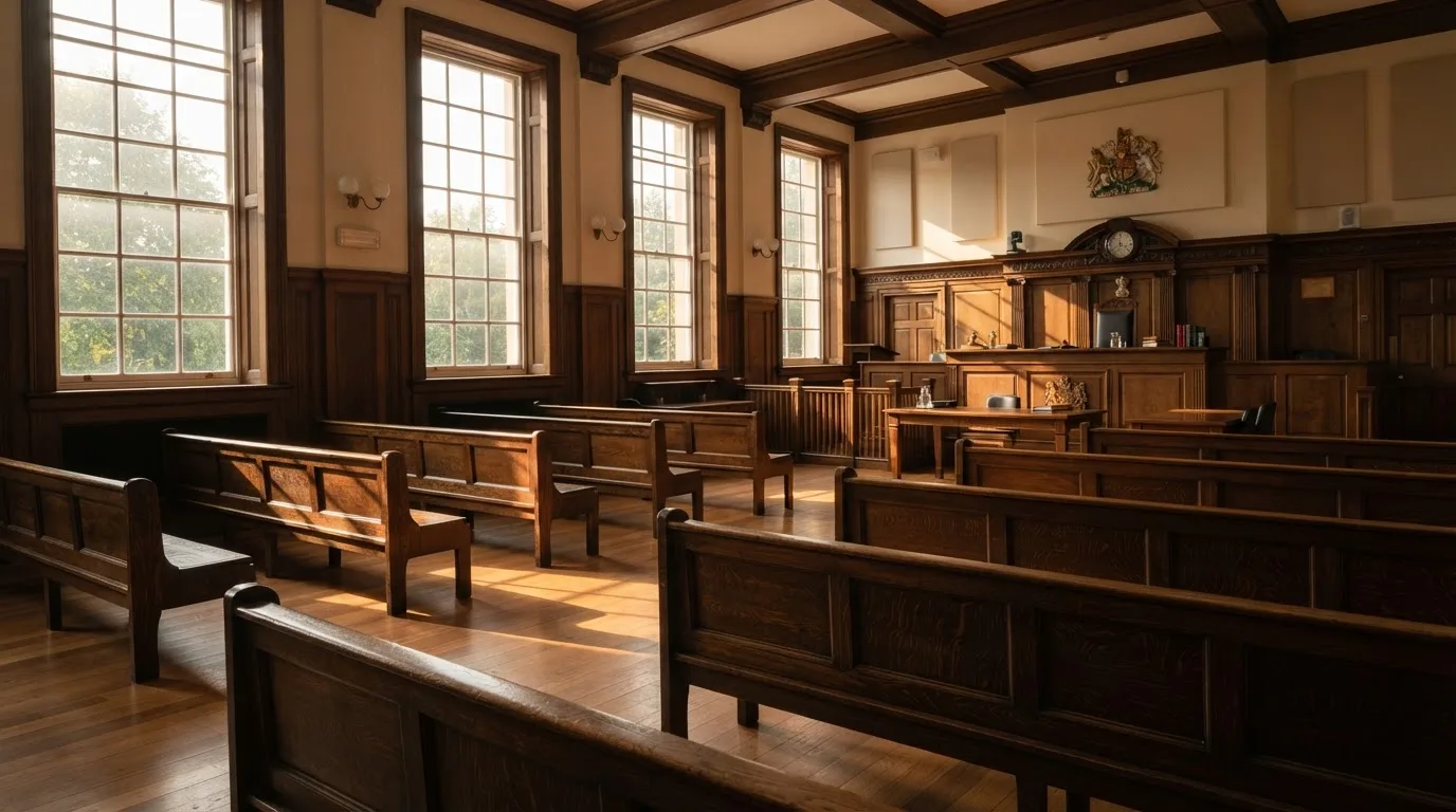 An empty courtroom with wooden benches in morning light