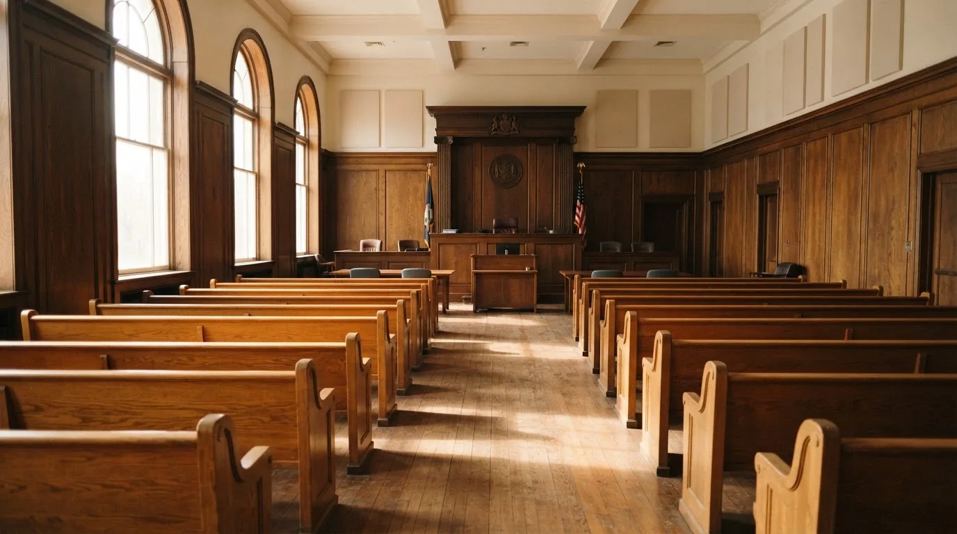 An empty courtroom with wooden benches in morning light