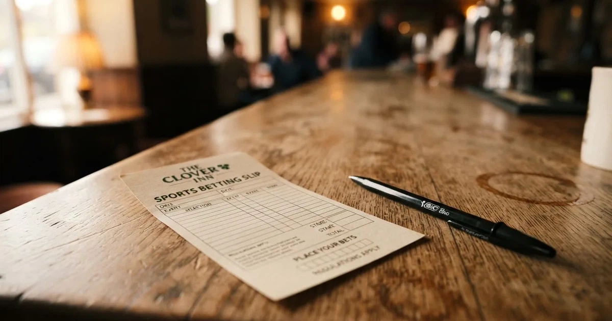 A blank paper betting slip beside a pen on a wooden counter