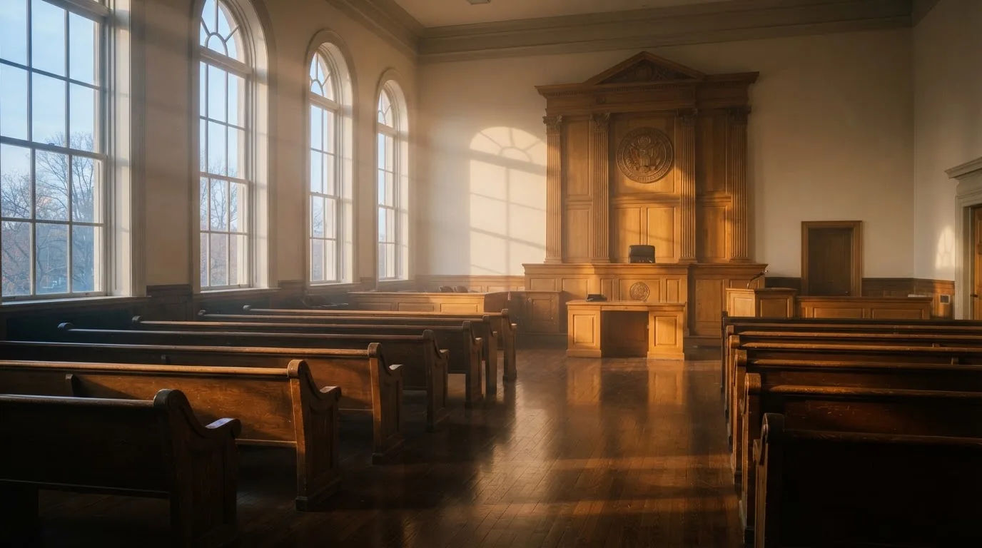 An empty courtroom with wooden benches in morning light